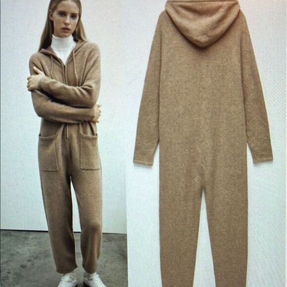 New! Zara Knit Jumpsuit Hoodie Brown Size Small NWT - Picture 1 of 12